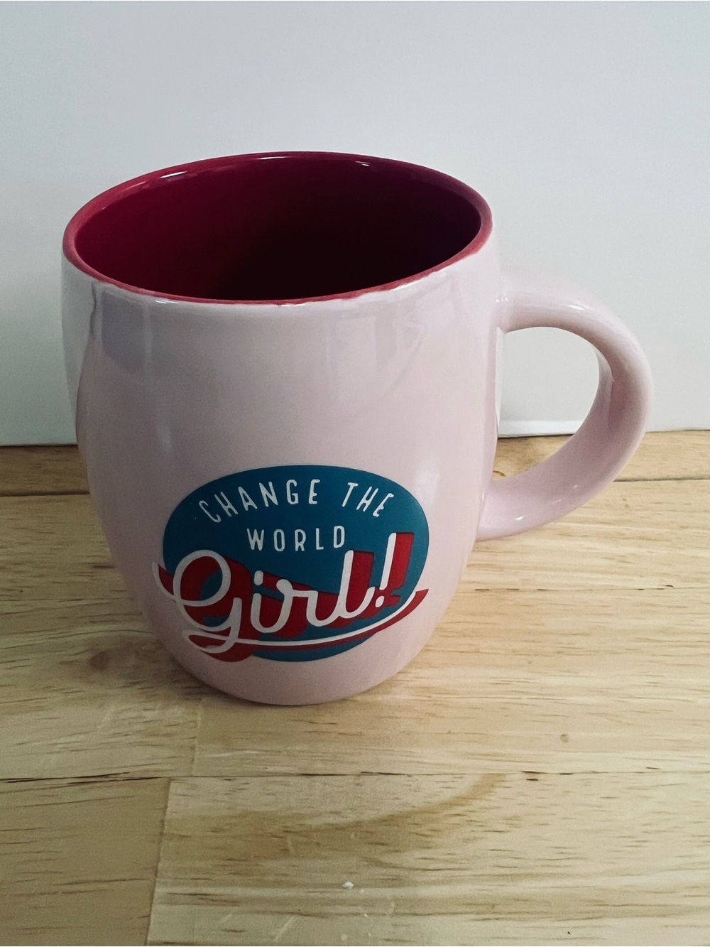 Caribou Coffee Pink Change The World Girl ! Ceramic Coffee Mug 14 ounces